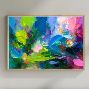 Instantly available digital painting for sale: vibrant abstract landscape with lush green and pink trees, blue sky, and expressive brushwork.