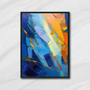 Bold contemporary abstract digital painting in blue, orange, and yellow tones, instantly available to buy and download online.