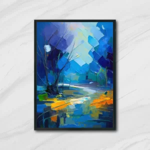 Contemporary abstract digital landscape artwork featuring serene blue-toned trees, shimmering water reflections, and vivid orange highlights—available for instant online purchase and digital download.