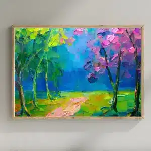 Modern digital landscape painting for immediate purchase—cool blue trees by reflective water, accented with orange and yellow highlights in a striking abstract style.