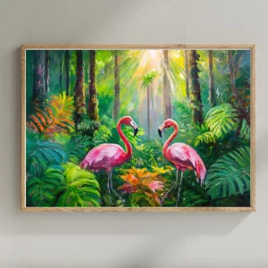 Colorful digital painting of two pink flamingos in a sun-dappled tropical forest, instantly available for online download.