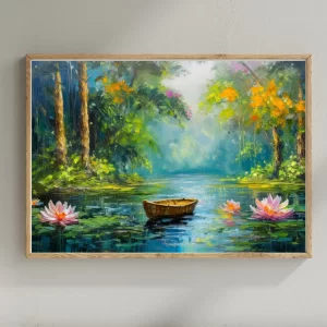 Digital forest landscape painting featuring a serene pond surrounded by trees and blooming water lilies, ready for instant digital download.