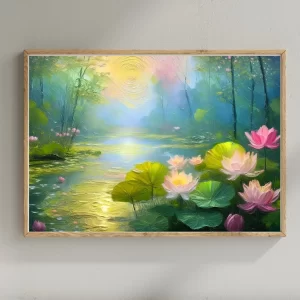 Stunning digital artwork of a lotus pond at sunrise with soft pink flowers and sunlit water, available for immediate download.