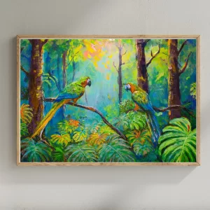 Vibrant digital painting of colorful macaws in a lush tropical forest, perfect for instant download and online purchase.