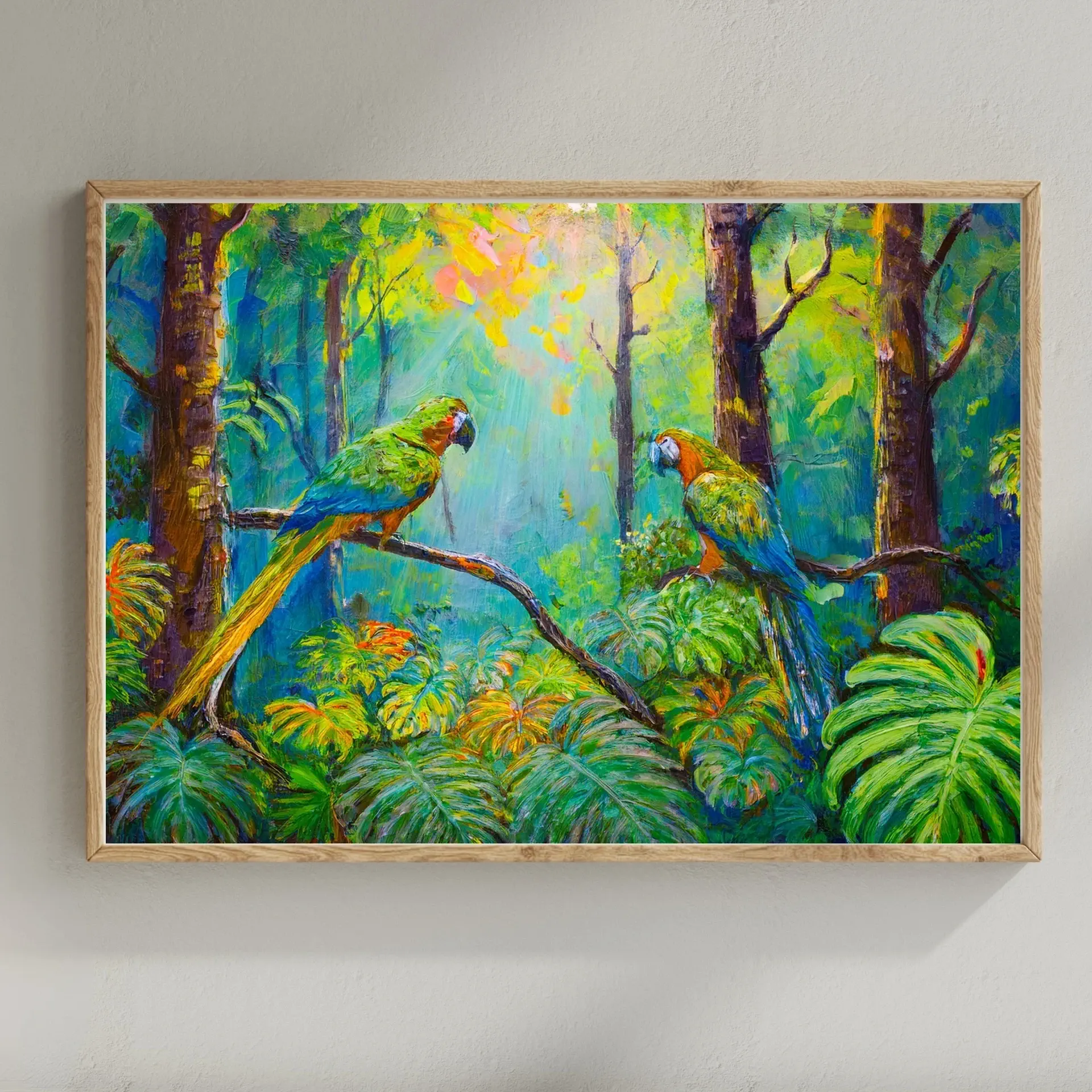 Vibrant digital painting of colorful macaws in a lush tropical forest, perfect for instant download and online purchase.
