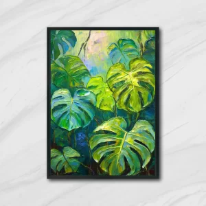 Vibrant digital painting of Monstera tropical leaves in rich green and yellow hues, available for instant online purchase and digital download.