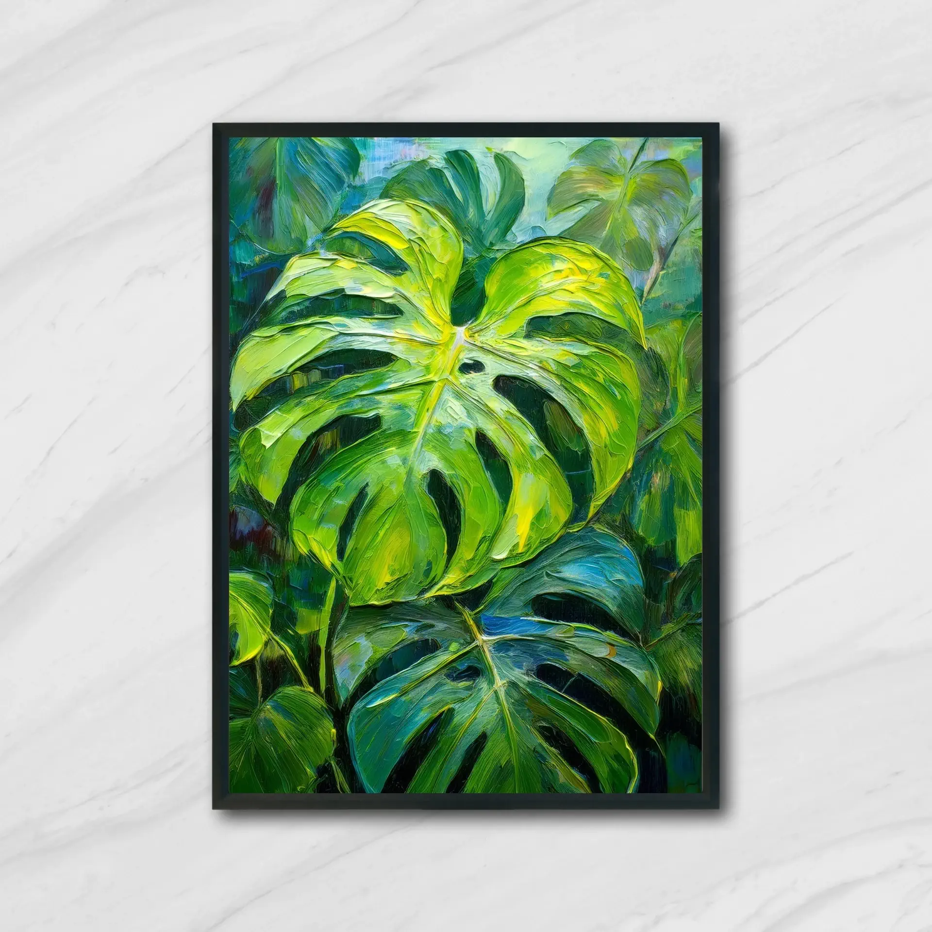 Colorful digital painting of Monstera leaf with expressive greens and blues, available now for immediate online purchase and instant download.