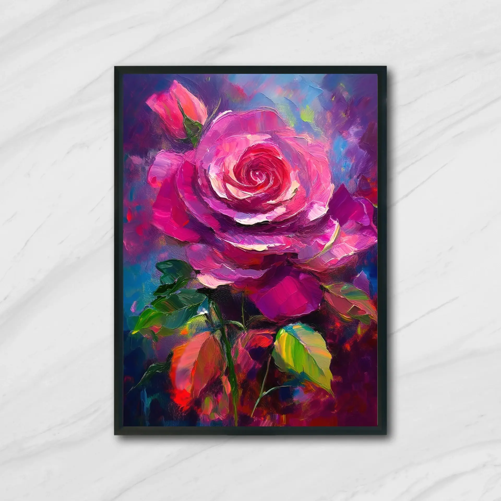 Stunning digital painting of a bright pink rose with artistic brushstrokes, buy instantly and download online for contemporary decor.