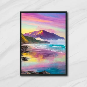 Vibrant digital painting of a colorful sunrise over a beach with waves and rocky shore, instantly available for purchase and digital download