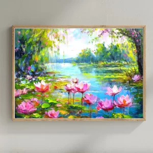 Colorful digital painting of pink waterlilies in a sunlit pond surrounded by greenery, available for instant purchase and digital download.