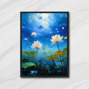 Modern abstract digital painting of white lotus flowers on a blue pond, perfect for instant online purchase and digital download