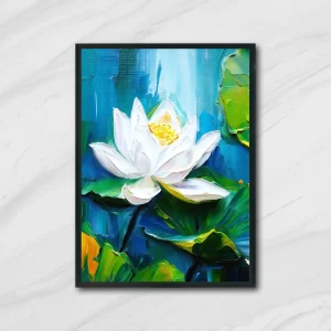 Modern abstract digital painting of white lotus flowers on a blue pond, perfect for instant online purchase and digital download.