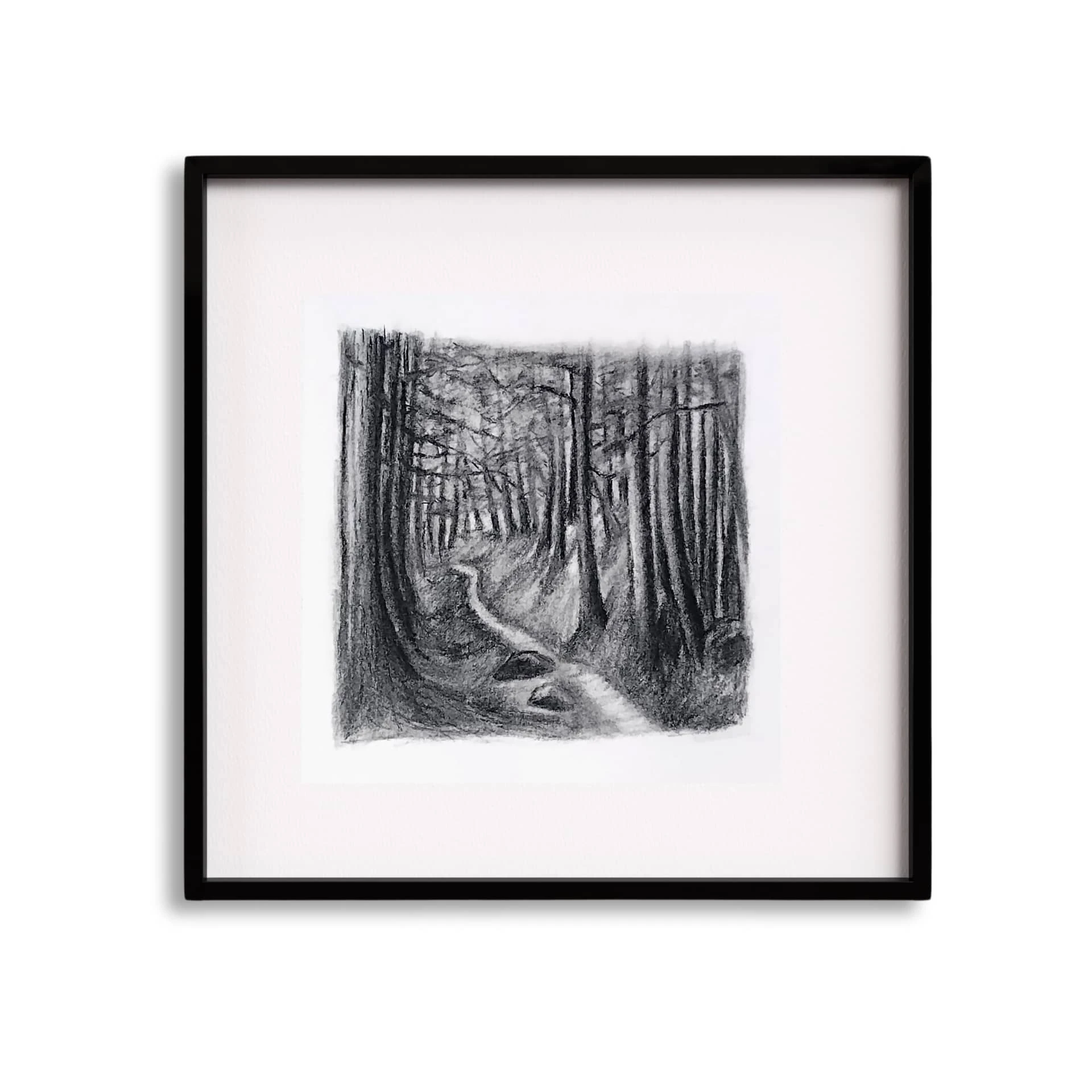 Forest trees painting made with charcoal by artist Shipra