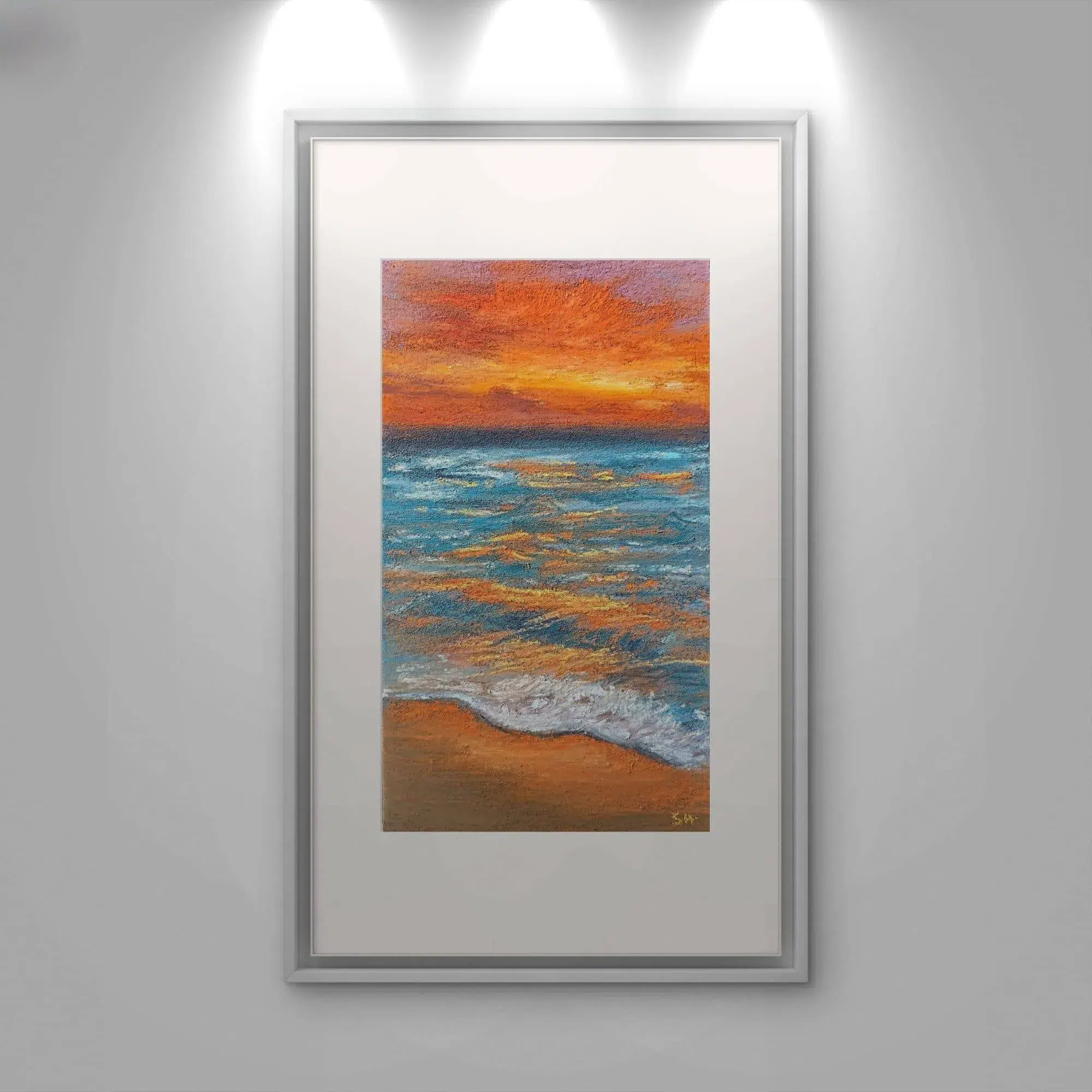 Original handmade seascape soft pastel painting made with Unison pastels on pastel card, featuring a vibrant sunset sky, sparkling ocean waves, and glowing shoreline—available for instant online purchase and digital download